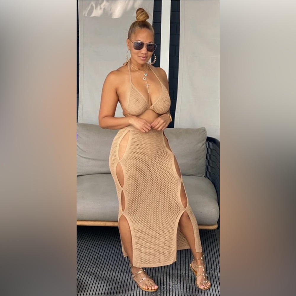 V-Neck Halter Bikini Top Cut Out Midi Skirt Knit Matching Set-Khaki